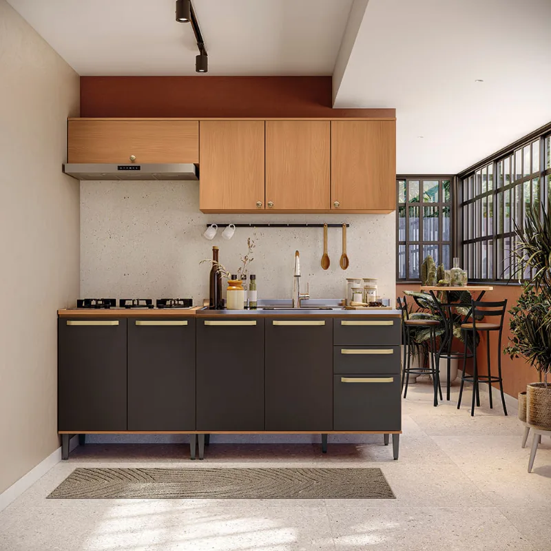 Armário de Cozinha Completa 8 Portas 230cm Canela/Preto Elara Kappesberg