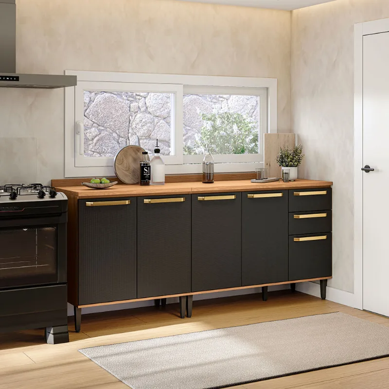 Balcões de Cozinha 200cm Canela/Preto Elara Kappesberg