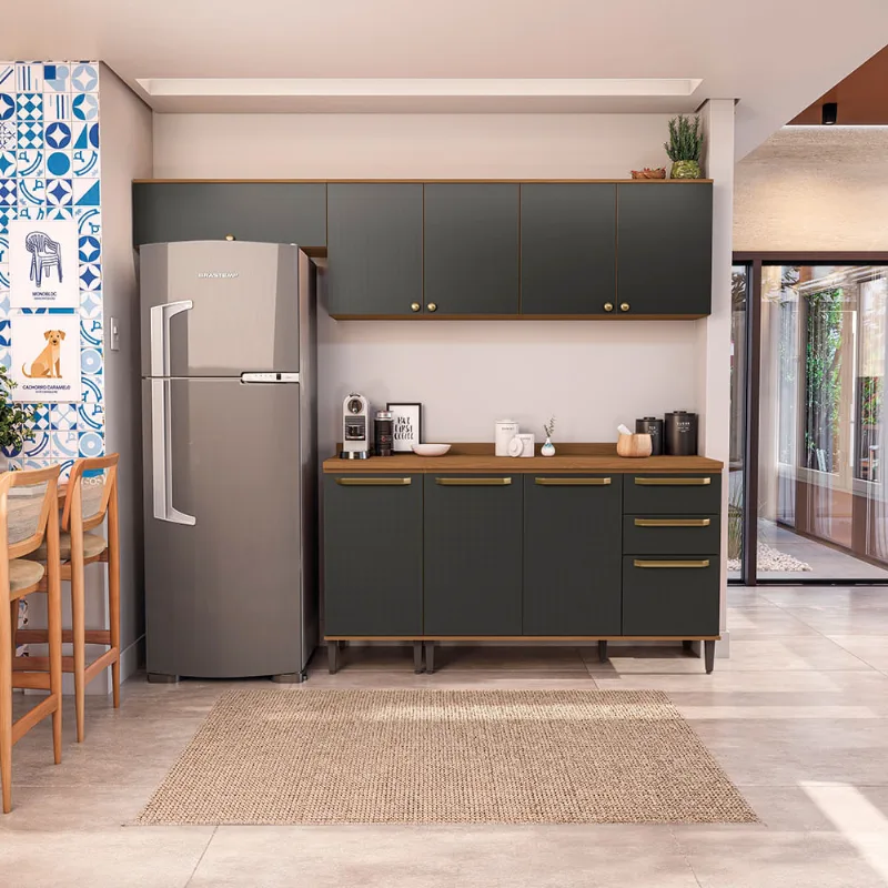 Armário de Cozinha Completa 240cm Canela/Preto Grid Elara Kappesberg - Kappesberg