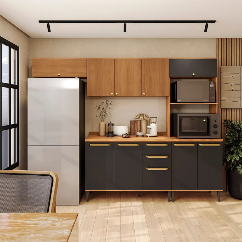 Armário de Cozinha Completa 270cm Canela/Preto Elara Kappesberg