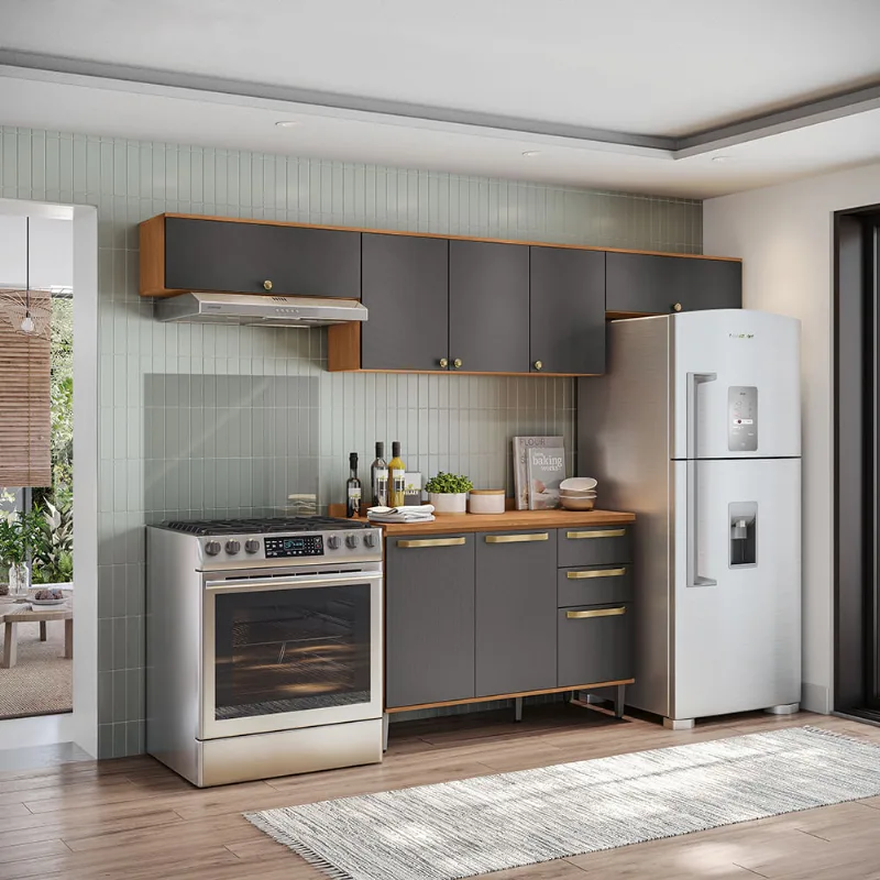 Armário de Cozinha Completa 280cm Canela/Preto Grid Elara Kappesberg