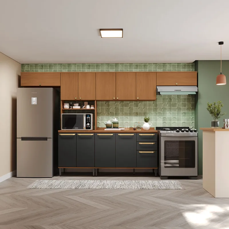 Armário de Cozinha Completa 360cm Canela/Preto Elara Kappesberg