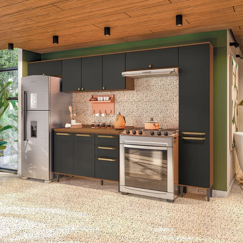 Armário de Cozinha Completa 320cm Canela/Preto Grid Elara Kappesberg