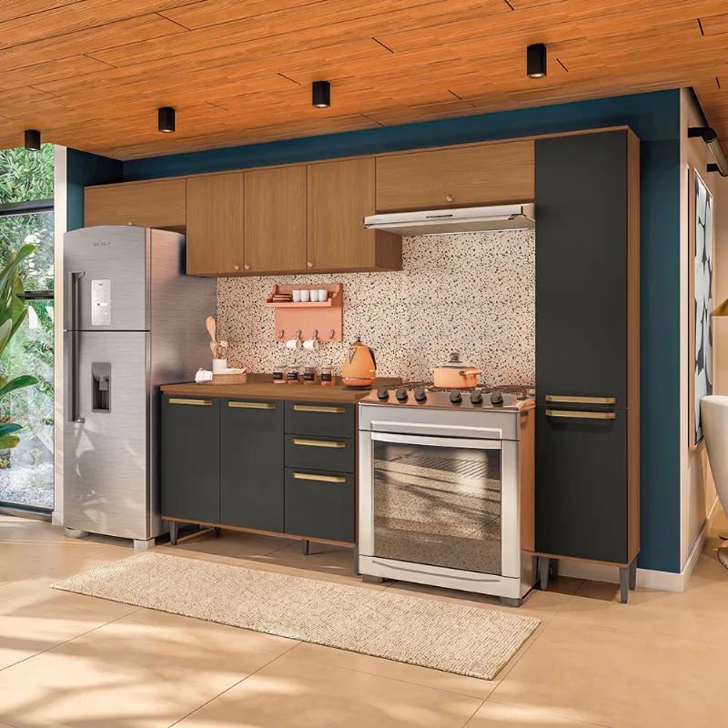 Armário de Cozinha Completa 320cm Canela/Preto Elara Kappesberg