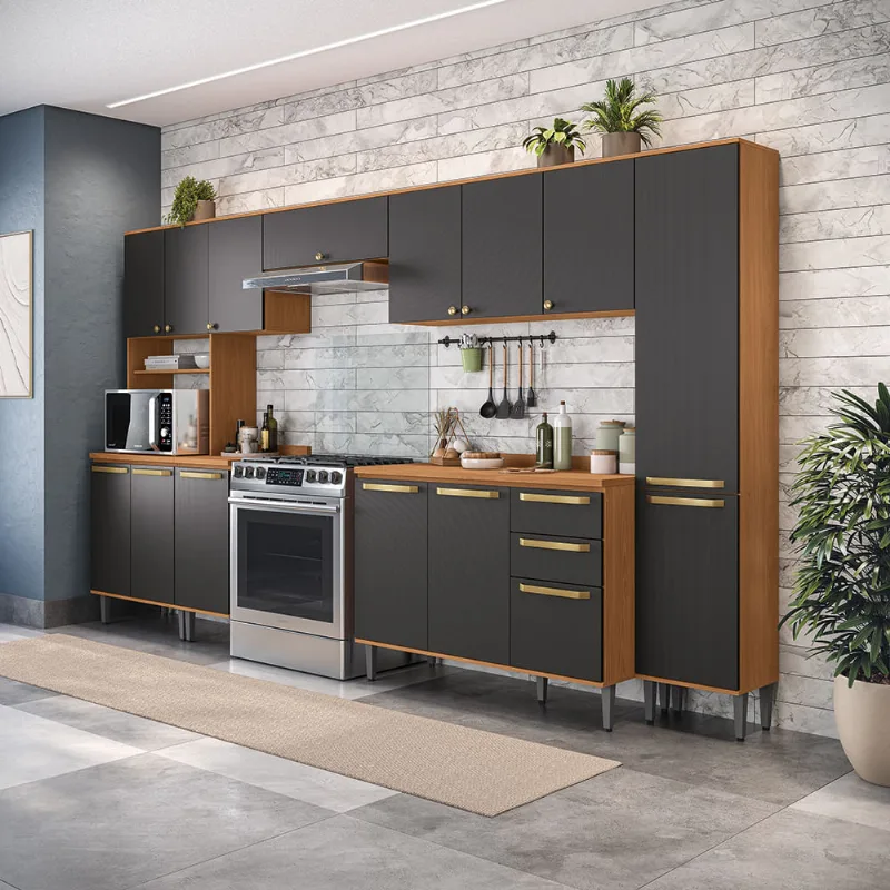 Armário de Cozinha Completa 350cm Canela/Preto Grid Elara Kappesberg