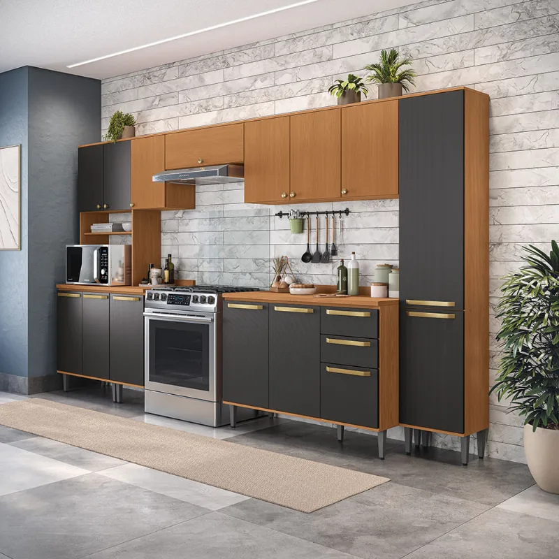 Armário de Cozinha Completa 350cm Canela/Preto Elara Kappesberg