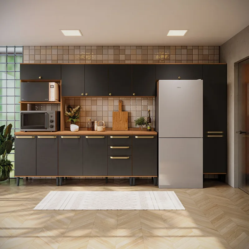 Armário de Cozinha Completa 13 Portas 350cm Canela/Preto Grid Elara Kappesberg - Kappesberg