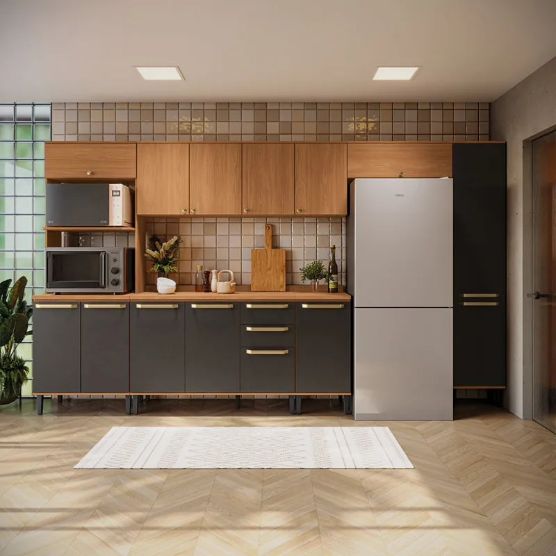 Armário de Cozinha Completa 13 Portas 350cm Canela/Preto Elara Kappesberg
