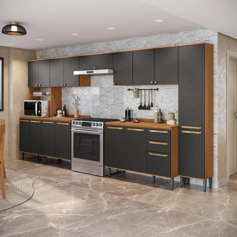 Armário de Cozinha Completa 390cm Canela/Preto Grid Elara Kappesberg