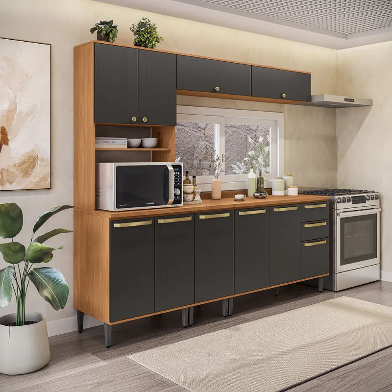Armário de Cozinha Completa 3 Gavetas 230cm Canela/Preto Grid Elara Kappesberg