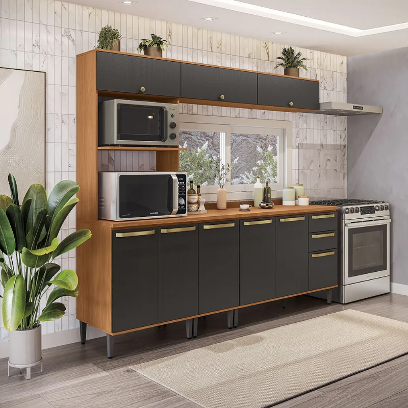 Armário de Cozinha Completa 3 Gavetas 230cm Canela/Preto Elara Kappesberg
