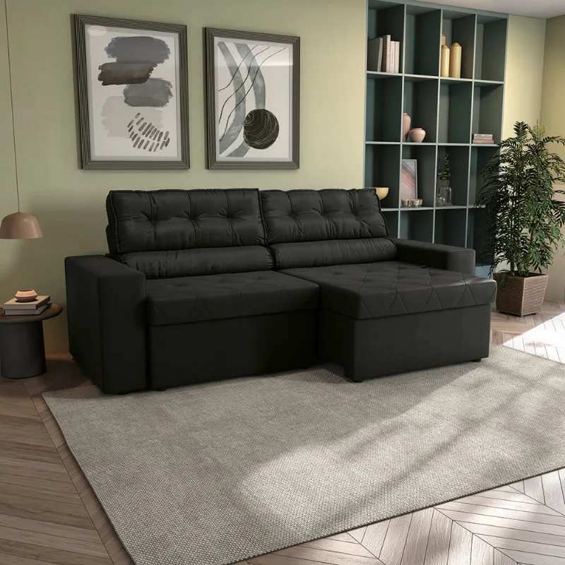 Sofá Retrátil com Baú Space 260cm Suede Mescla Grafite Kappesberg - Kappesberg