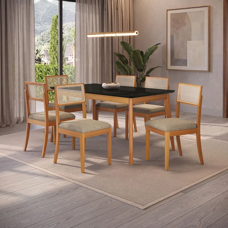 Conjunto Sala de Jantar Nara Kappesberg em Madeira Maciça com 6 Cadeiras Linho Fendi