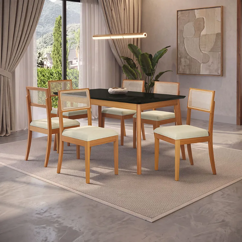 Conjunto Sala de Jantar Nara Kappesberg em Madeira Maciça com 6 Cadeiras Linho Areia