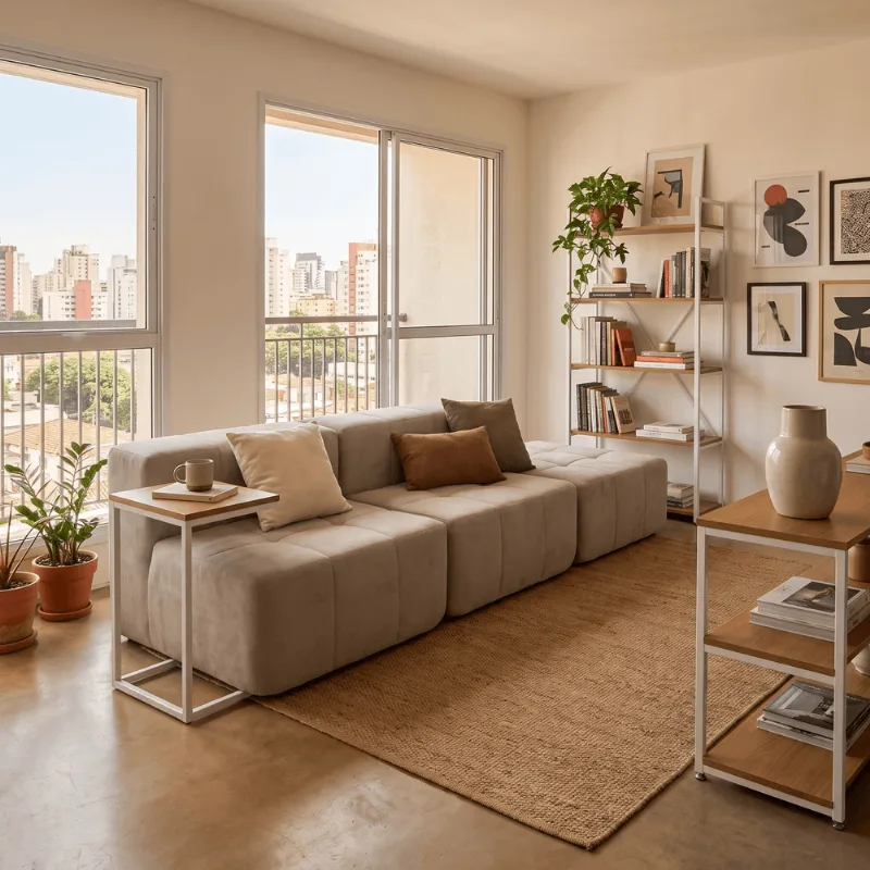 Sofá Modular 3 Lugares com Apoio de Pés Kappesberg Boucle Bege