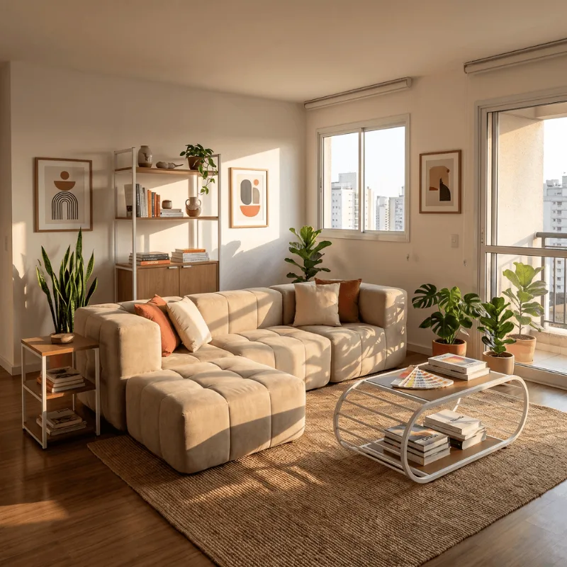 Sofá Modular 3 Lugares com Puff para Pés Kappesberg Boucle Bege