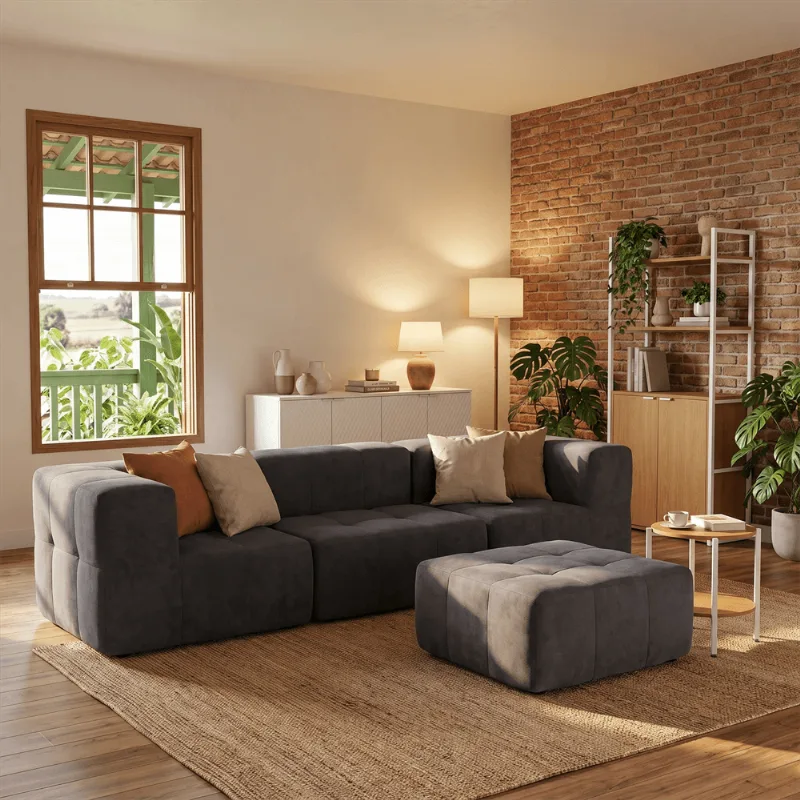 Sofá Modular 3 Lugares com Puff para Pés Kappesberg Boucle Cinza