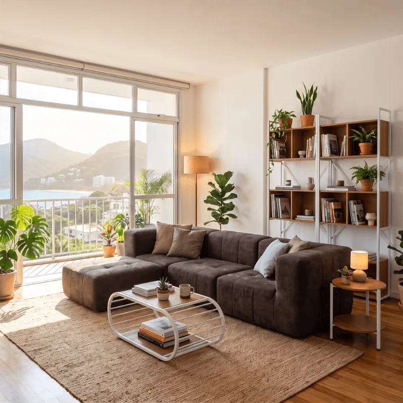 Sofá Modular 3 Lugares com Puff para Pés Kappesberg Boucle Marrom - Kappesberg