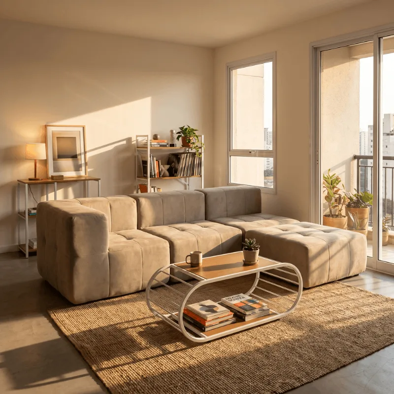Sofá Modular 3 Lugares com Puff Kappesberg Boucle Bege