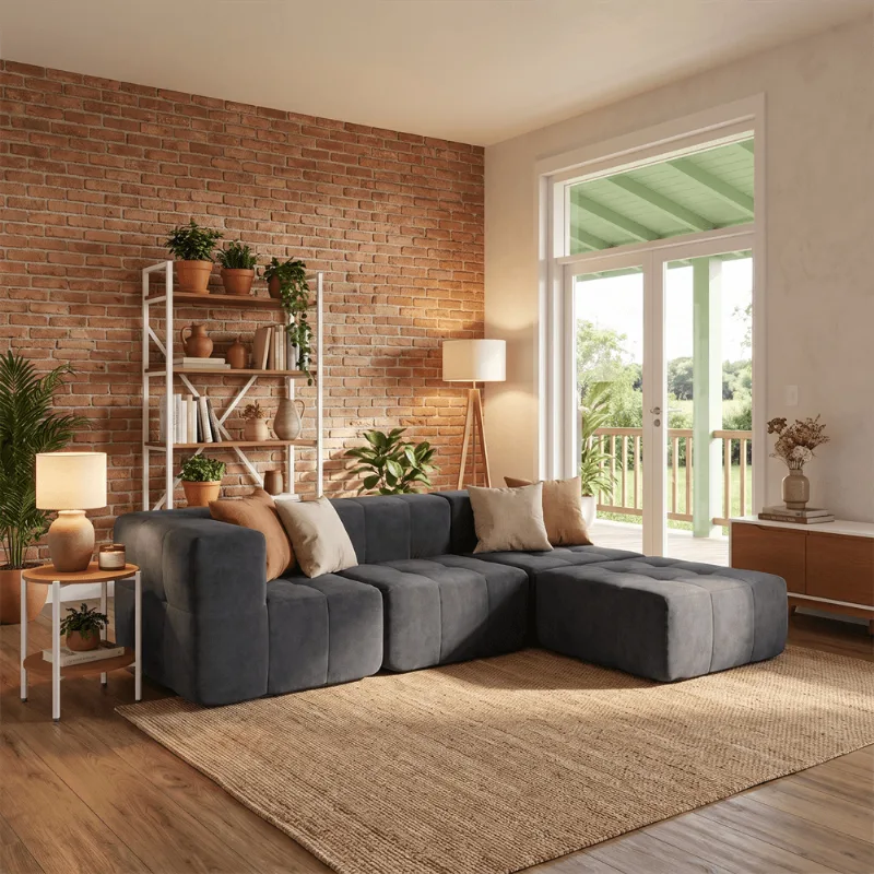 Sofá Modular 3 Lugares com Puff Kappesberg Boucle Cinza