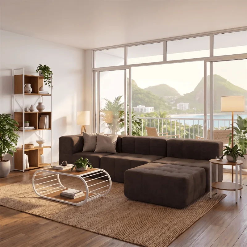 Sofá Modular 3 Lugares com Puff Kappesberg Boucle Marrom
