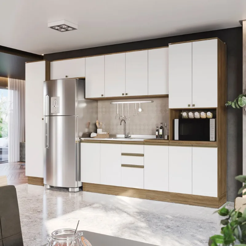 Cozinha Modulada Celeste Kappesberg 100% MDF Nogueira/Branco 360cm