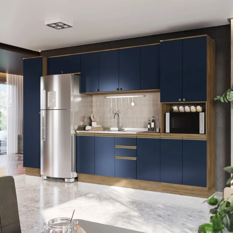 Cozinha Modulada Celeste Kappesberg 100% MDF Nogueira/Azul 360cm