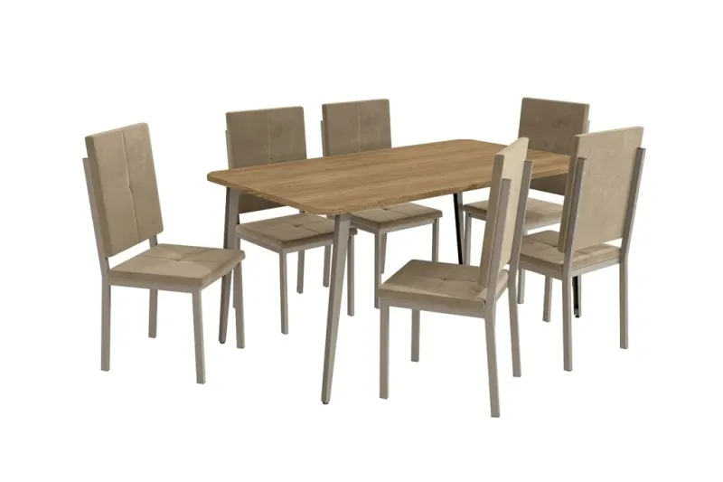 Conjunto Mesa Iguaçu Nickel M079NKF160NG Com 06 Cadeiras Dalian Sued Veludo A036 Bege - Kappesberg