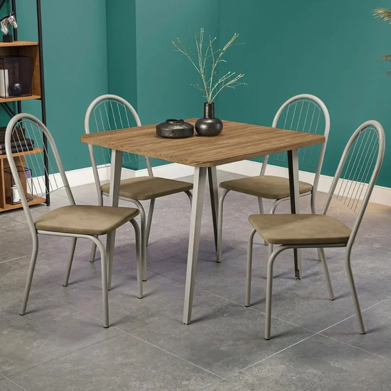 Mesa de Jantar Kappesberg Lima com 4 Cadeiras Estofadas – Nickel, Nogueira e Bege - Kappesberg