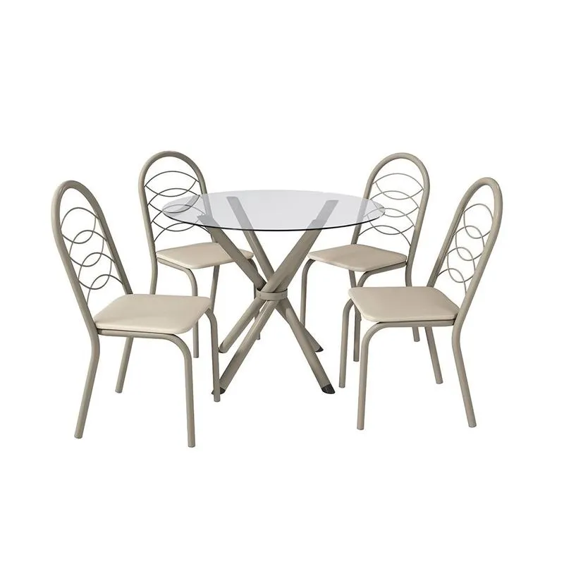 Conjunto de Mesa de Cozinha Redonda com Tampo de Vidro e 4 Cadeiras Monika Corino Off White e Nikel