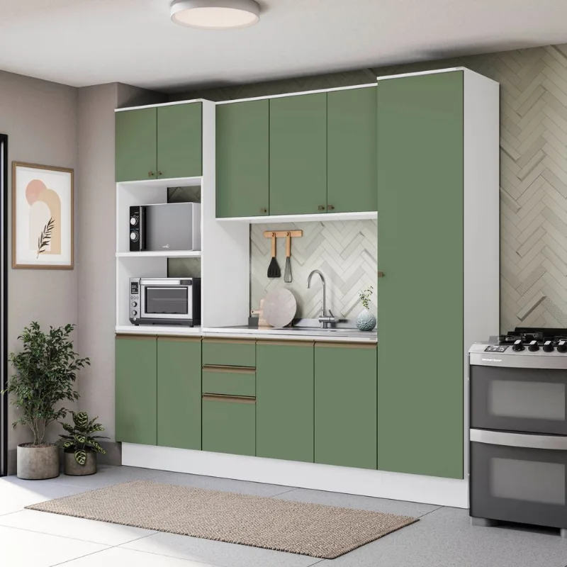 Cozinha Compacta Celeste Kappesberg 100% MDF Branco/Verde 240cm
