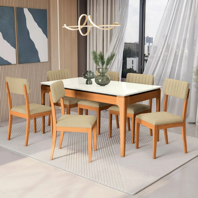 Conjunto Sala de Jantar Mira Kappesberg em Madeira Maciça com 6 Cadeiras Boucle Bege