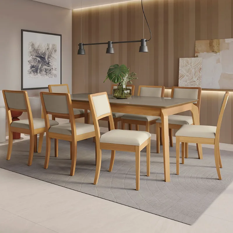 Conjunto Sala de Jantar Petra Kappesberg em Madeira Maciça com 8 Cadeiras Linho Areia