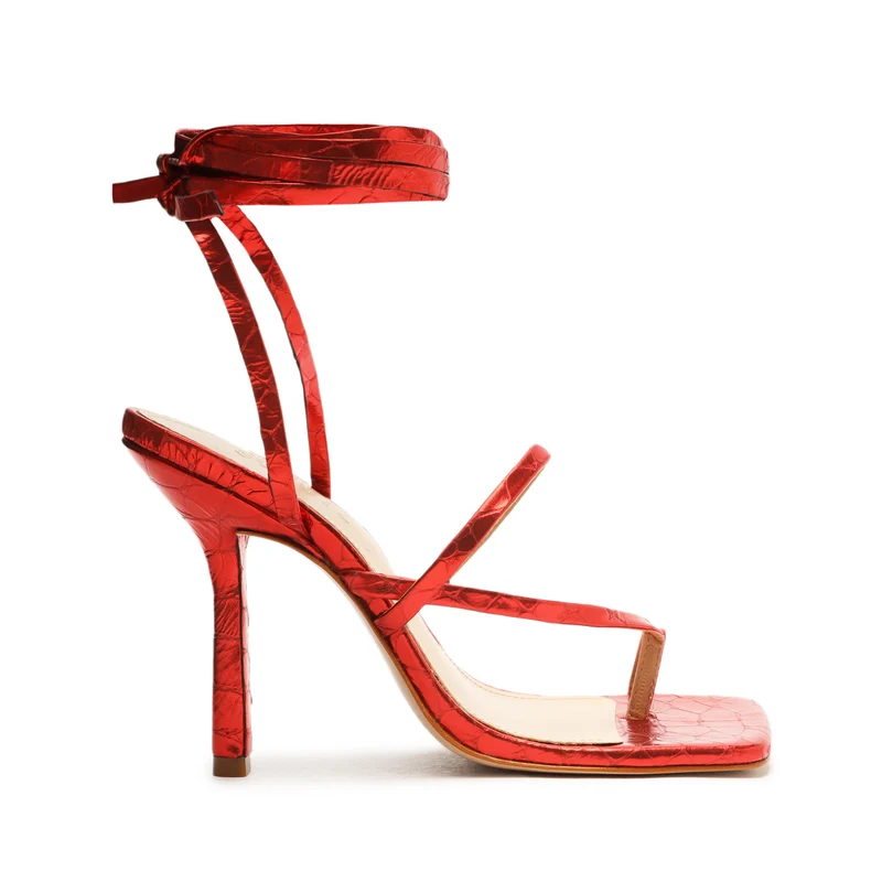 Lily Metallic Crocodile-Embossed Leather Sandal 6.5 / Red / Metallic Crocodile-Embossed Leather