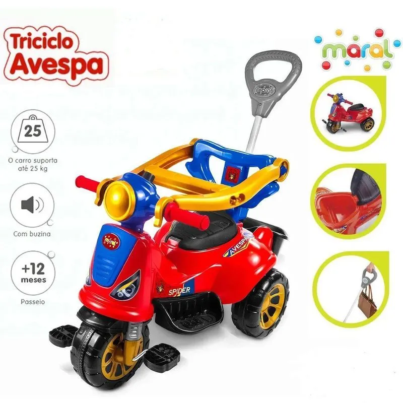 Triciclo Infantil De Pedal 2 Em 1 Motoca Avespa Spider
