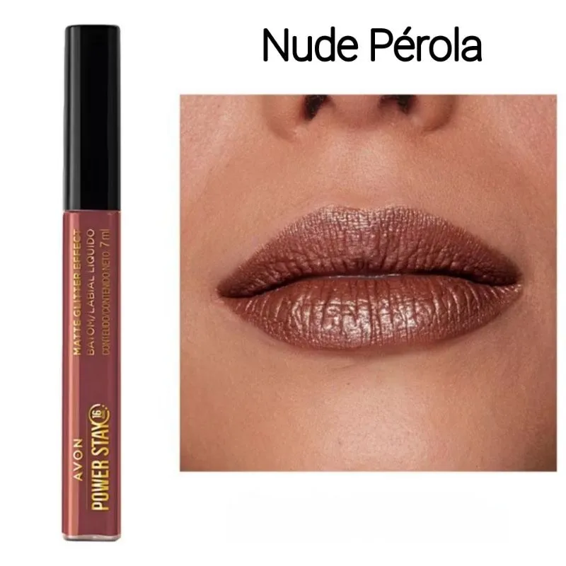 Batom Líquido Matte Glitter Effect 16h Avon Power Stay Nude Pérola 4ml