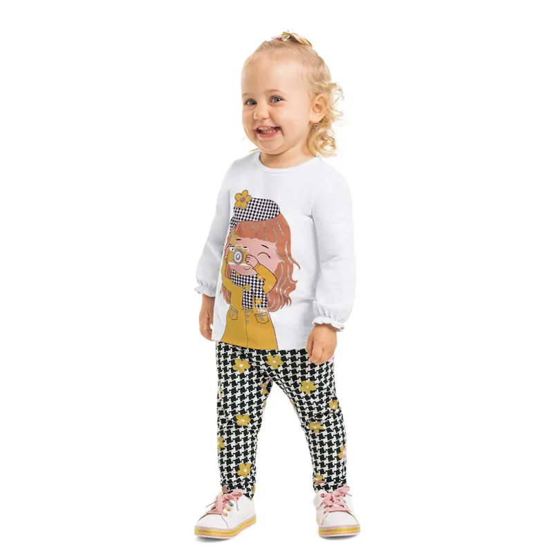 Conjunto Infantil Blusa Manga Longa e Legging Fotógrafa Branco e Amarelo Kyly