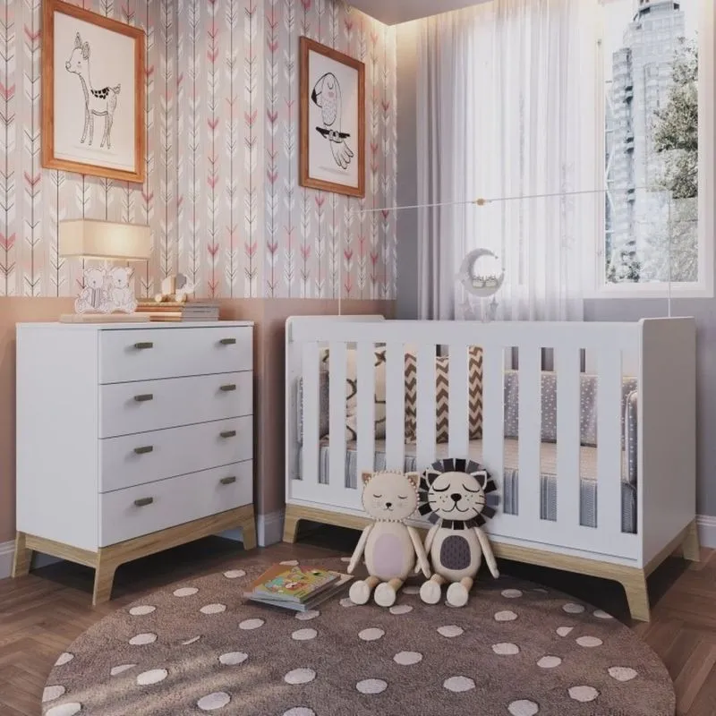 Quarto de Bebê com Berço 3 em 1 86x136,6x68cm e Cômoda 4 Gavetas Favo de Mel