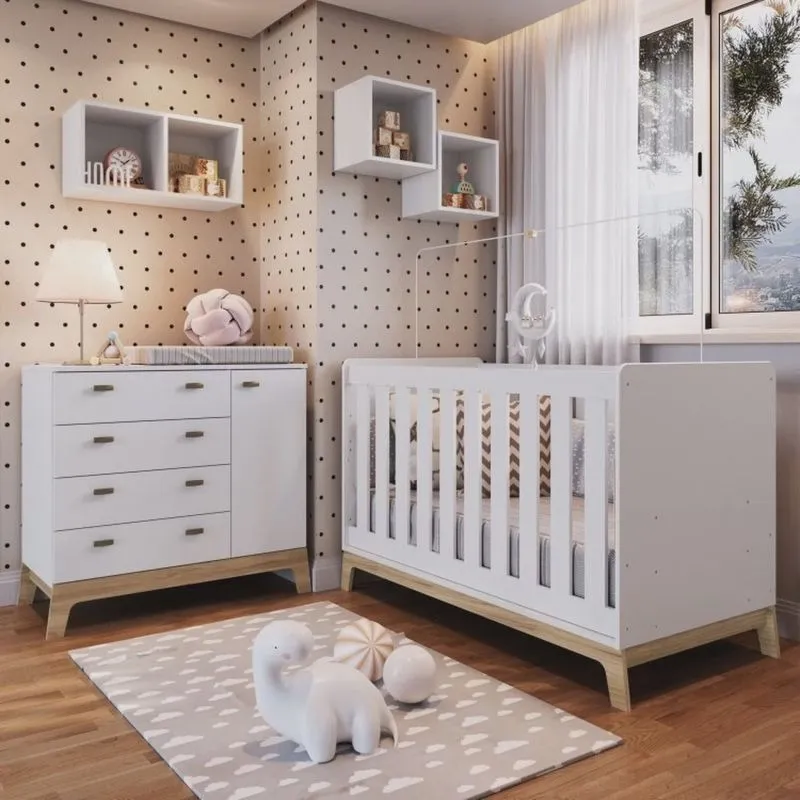 Quarto de Bebê 5 Peças com Berço 3 em 1 Cômoda e Nichos Favo de Mel Completa Móveis