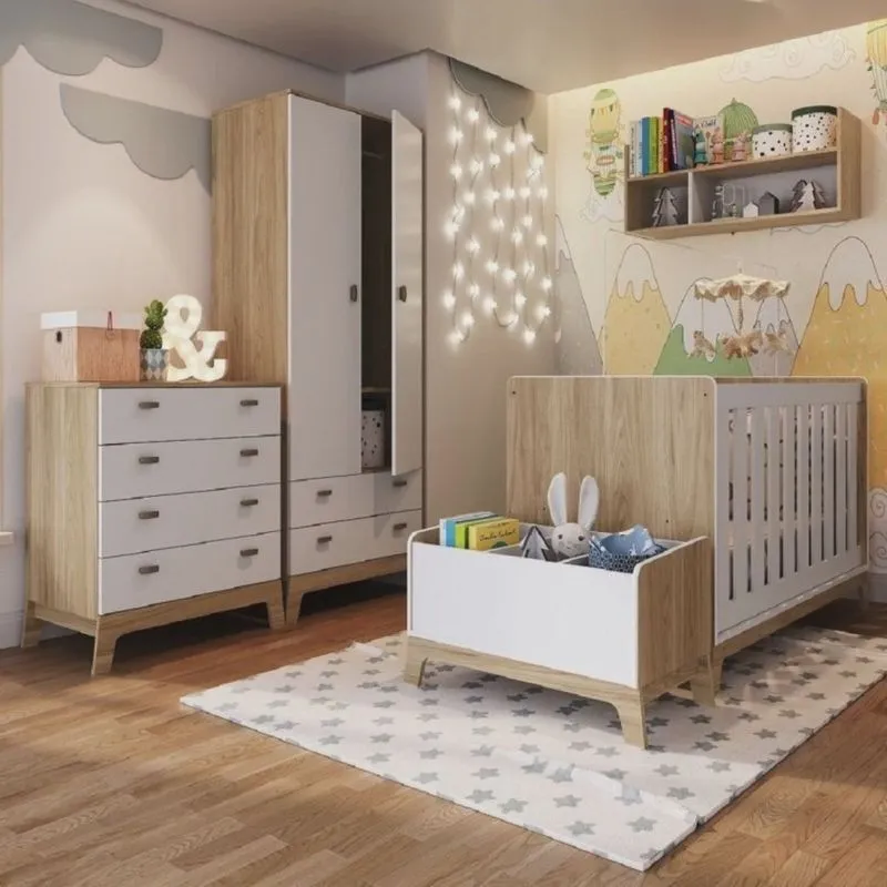 Quarto de Bebê com Berço Cômoda Guarda Roupas Nicho e Caixa Organizadora Favo de Mel
