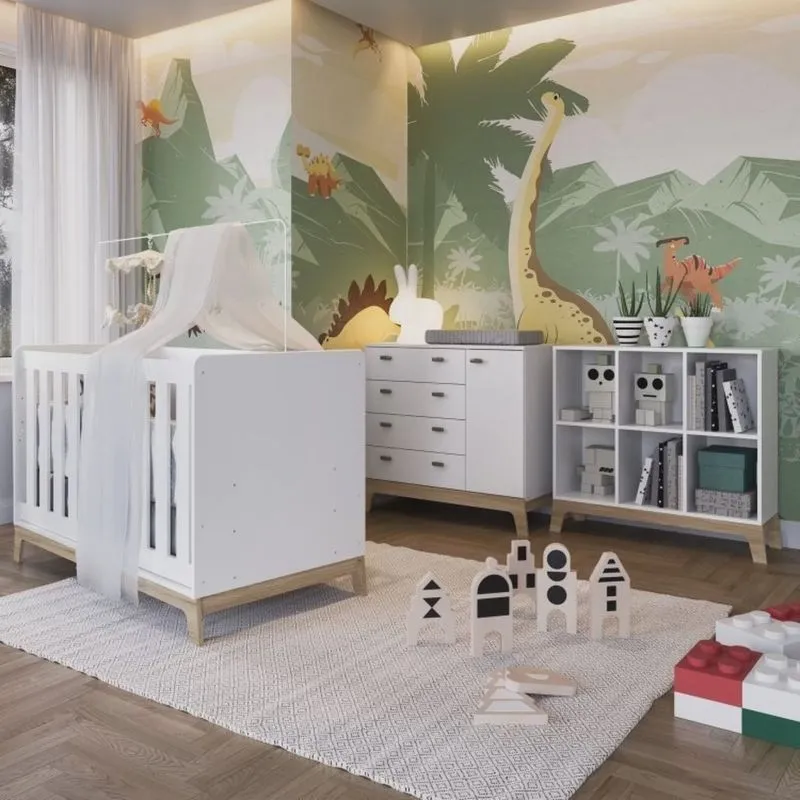 Quarto de Bebê 3 Peças com Berço 3 em 1 Cômoda e Estante com 6 Nichos Favo de Mel Completa