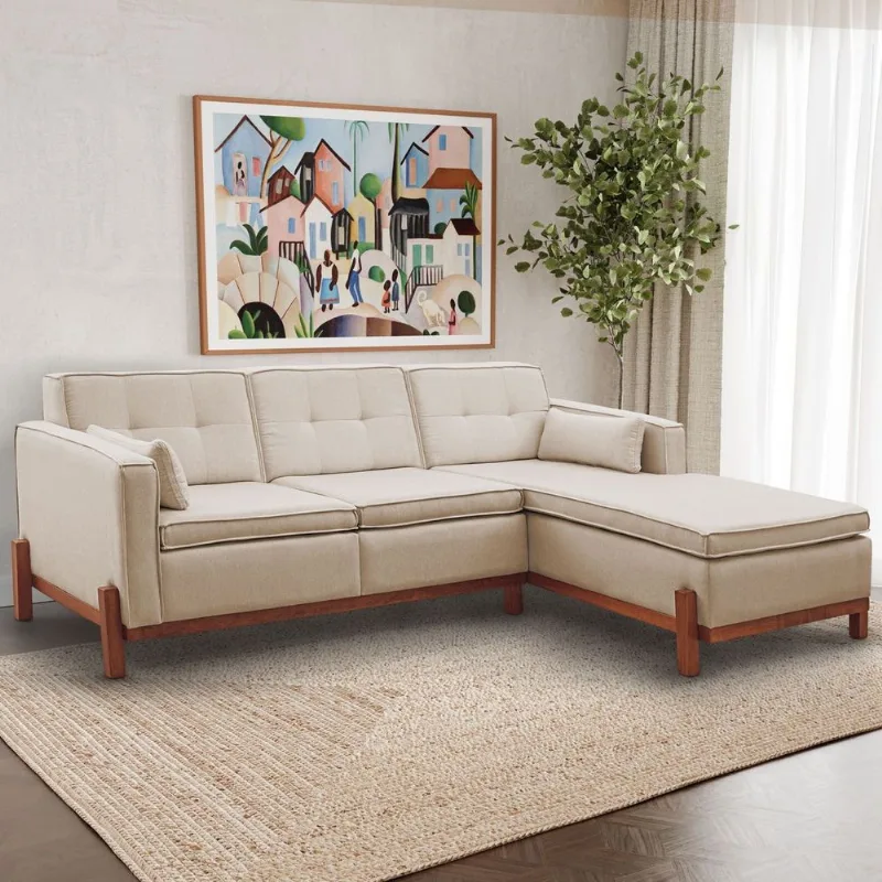 Sofá 3 Lugares com Chaise Lado Esquerdo 212cm em Linho Tiê CabeCasa MadeiraOriginals Bege Bege