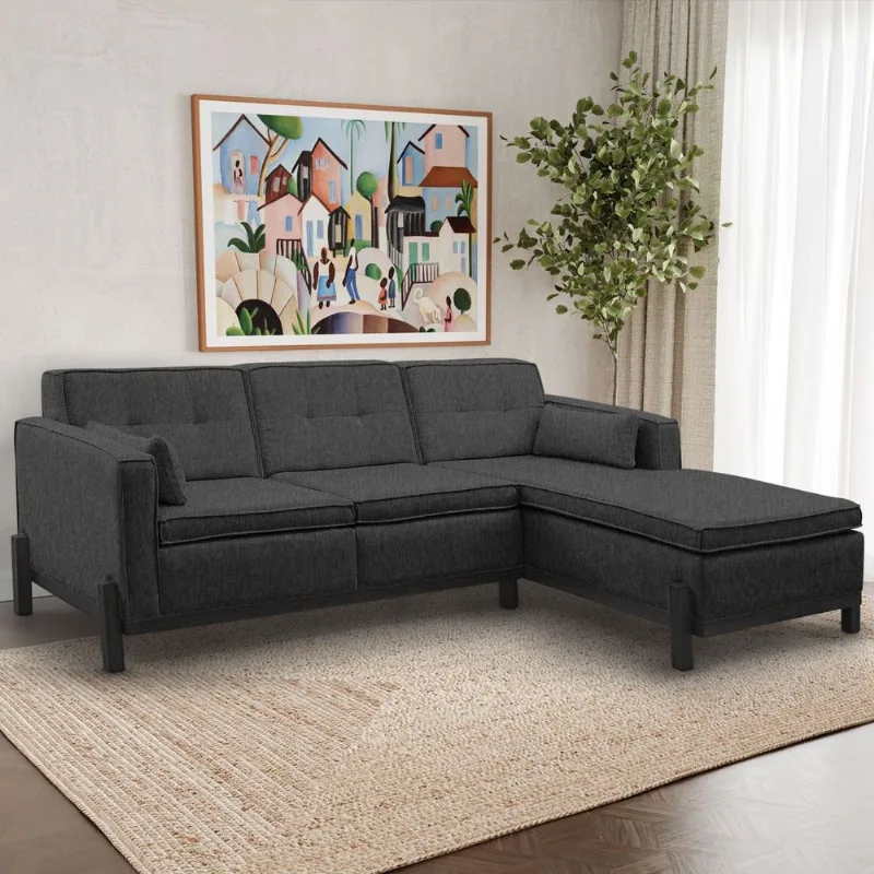 Sofá 3 Lugares com Chaise Lado Esquerdo 212cm em Linho Tiê CabeCasa MadeiraOriginals Cinza Grafite Grafite