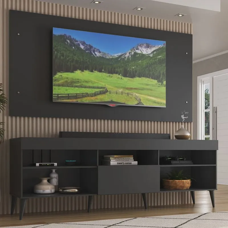 Rack com Painel para TV até 55 Polegadas 1 Porta 5 Nichos Retrô Espresso Móveis
