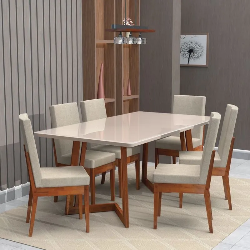 Conjunto Mesa Com Vidro Pés Madeira Maciça 6 Cadeiras Madeira Dakota Tecido A40