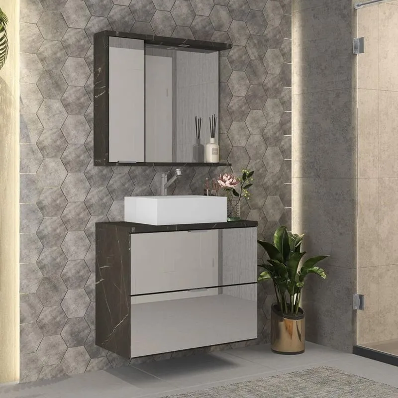 Conjunto Para Banheiro 1 Gabinete Espelhado Com Cuba 1 Espelheira Loft Móveis Bosi Portoro