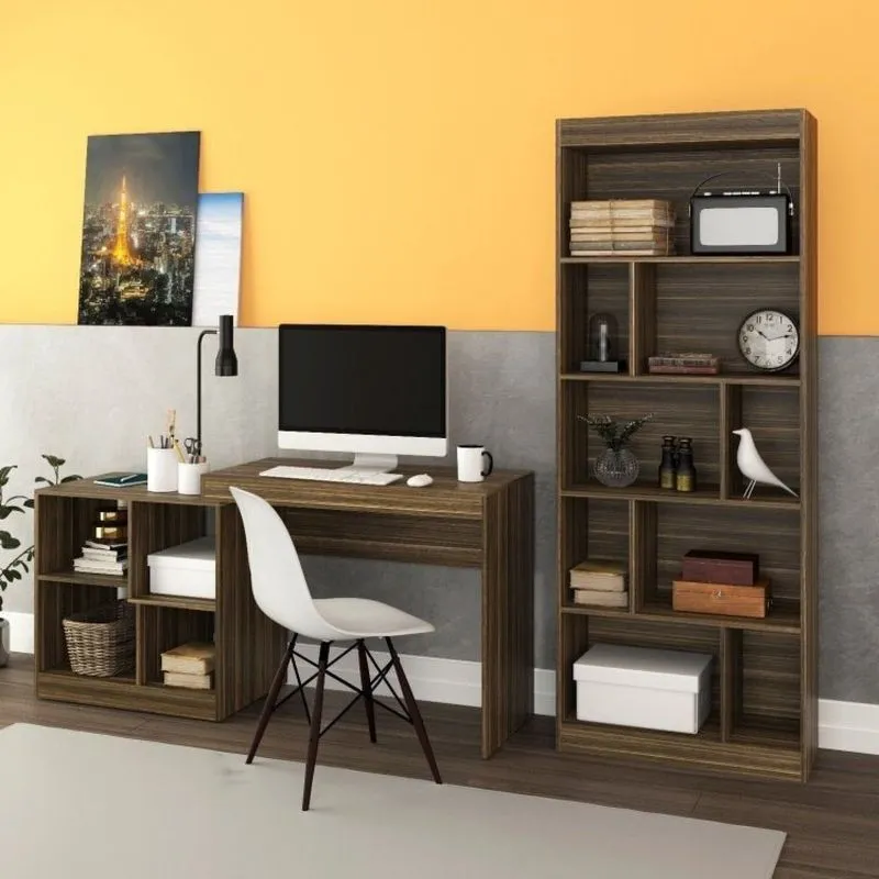 Conjunto 2 Peças Escrivaninha 4 Nichos Estante Livreiro 4 Prateleiras