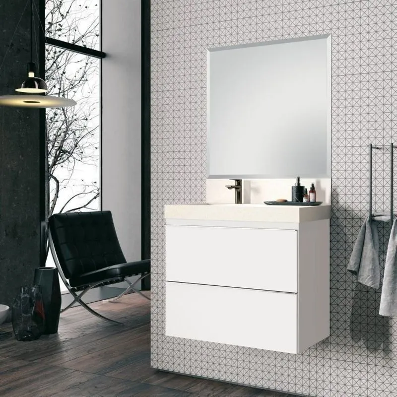 Conjunto Para Banheiro Com Espelho, Gabinete E Lavatório Em Porcelanato Com Cuba Embutida 80cm Bianco