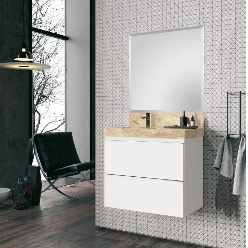 Conjunto Para Banheiro Com Espelho, Gabinete E Lavatório Em Porcelanato Com Cuba Embutida 80cm Yesca Travertino