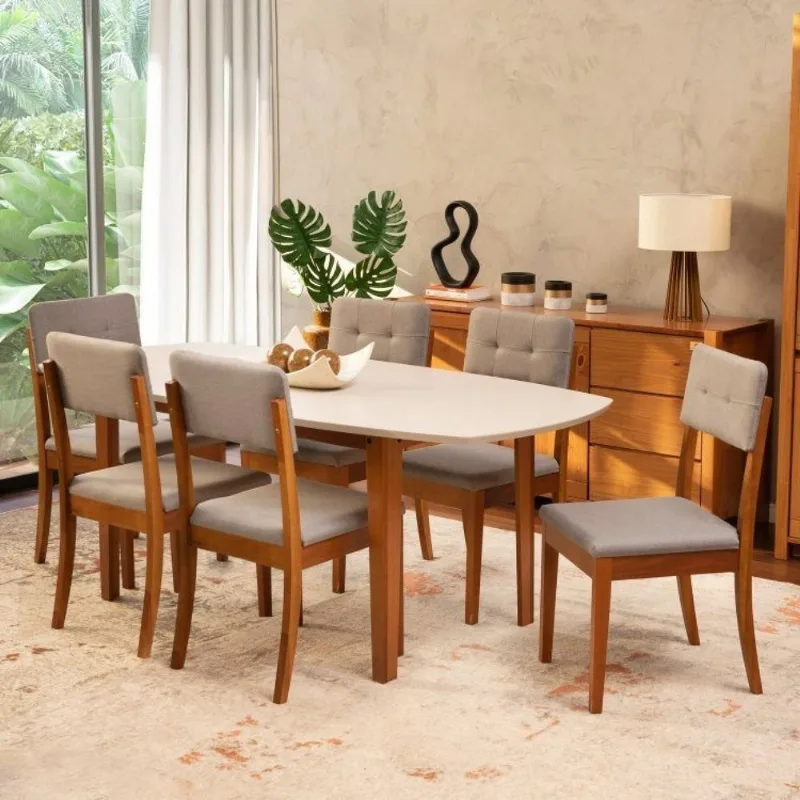 Conjunto Mesa de Jantar e 6 Cadeiras Tiê CabeCasa MadeiraOriginals Cinza/Amêndoa Amêndoa/Cinza
